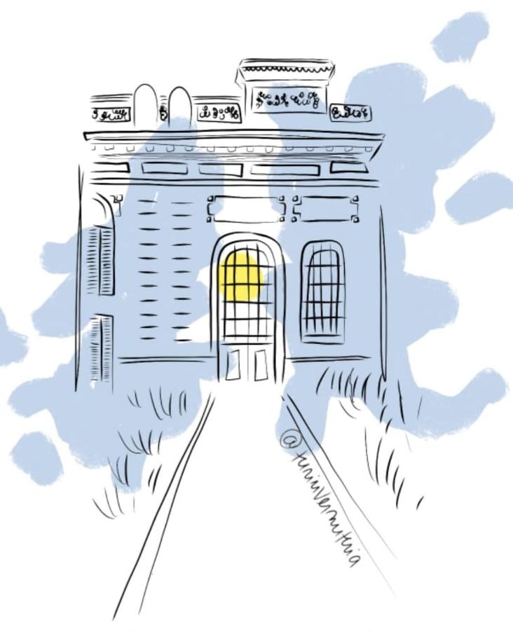 Ilustración de la fachada de Turin: una casona antigua con una ventana iluminada, entre manchas celestes.